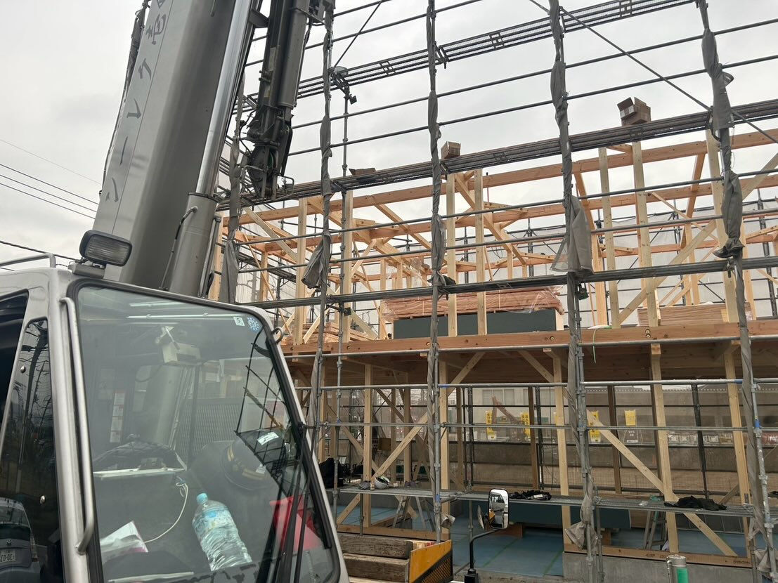 ユンボ、木造建て方、夜間作業
